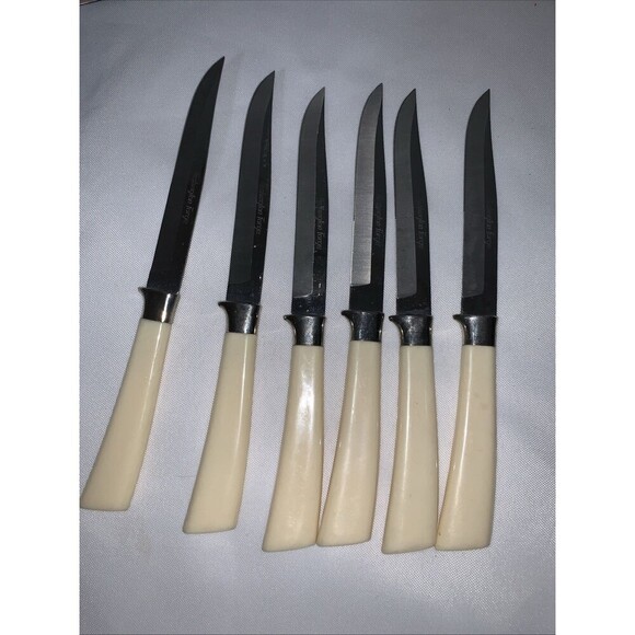 Vintage WASHINGTON FORGE 6 Steak Knife Set Stainless Butterscotch - Picture 1 of 9